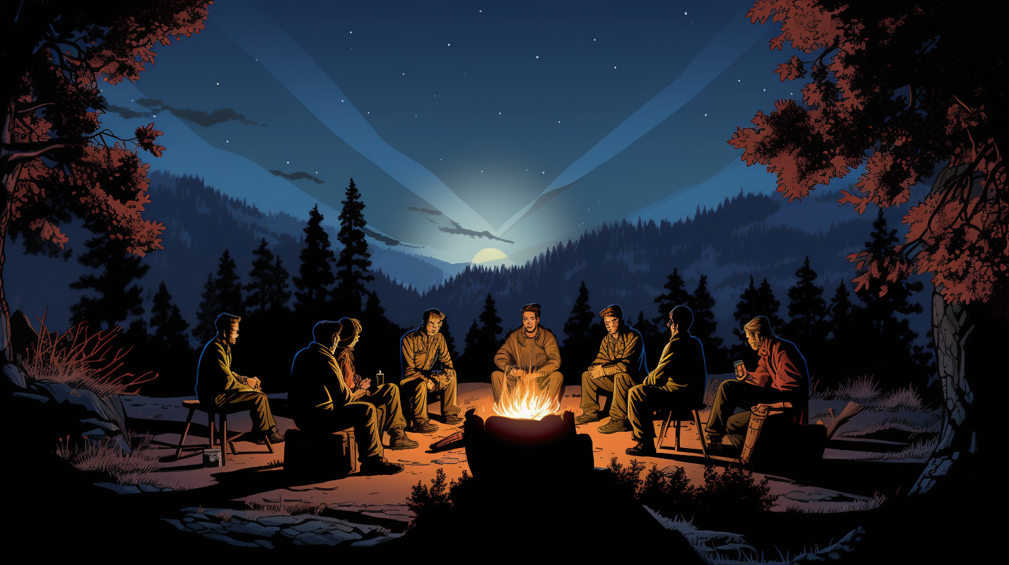 Group enjoying campfire stories at night