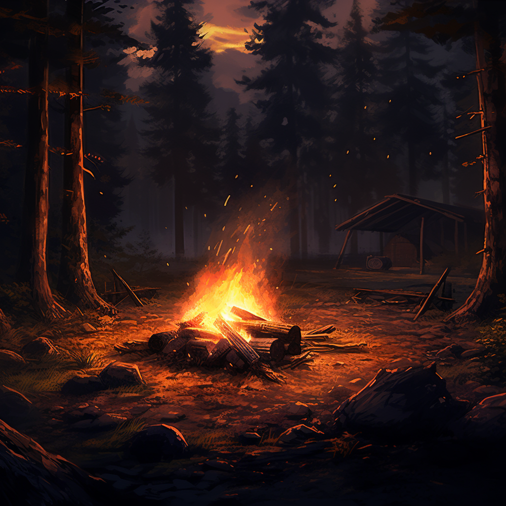 Campfire in Night Camping Scene