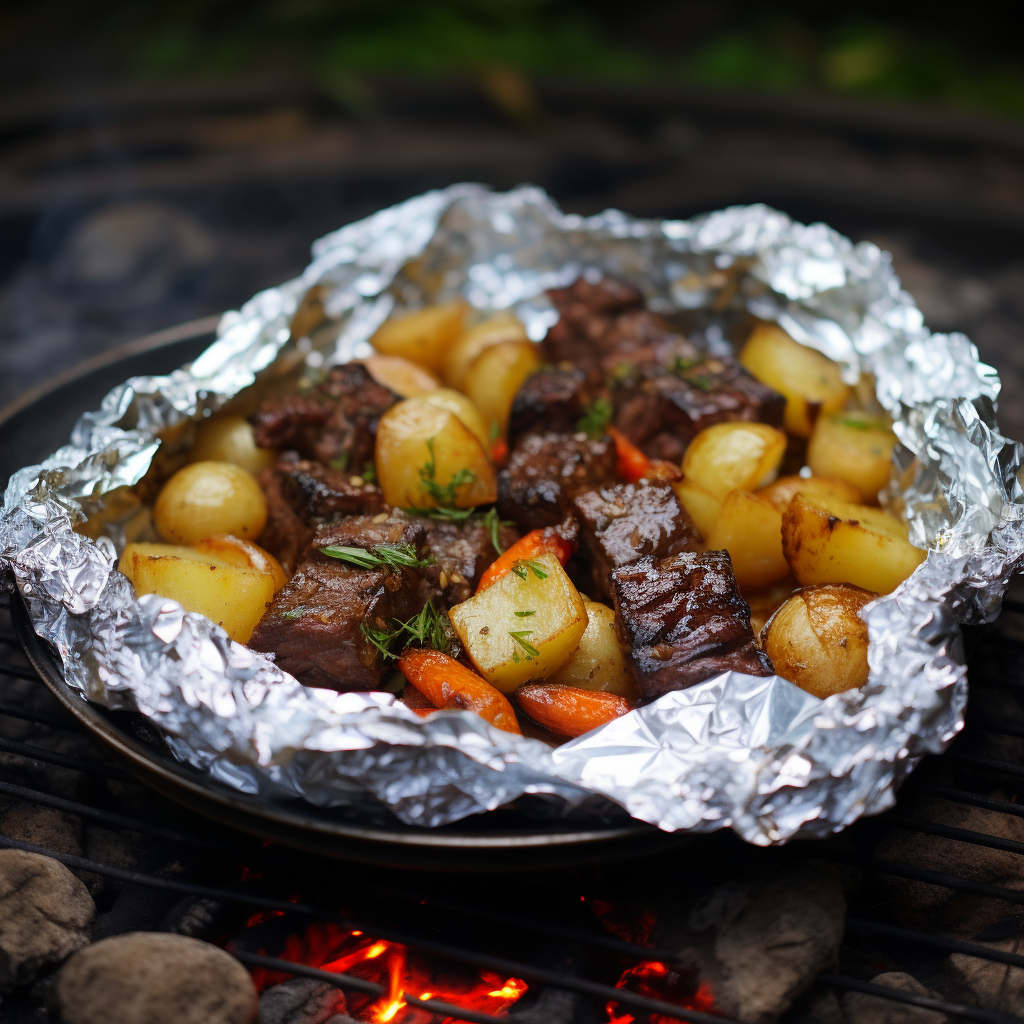 Roasted beef and potatoes over a campfire