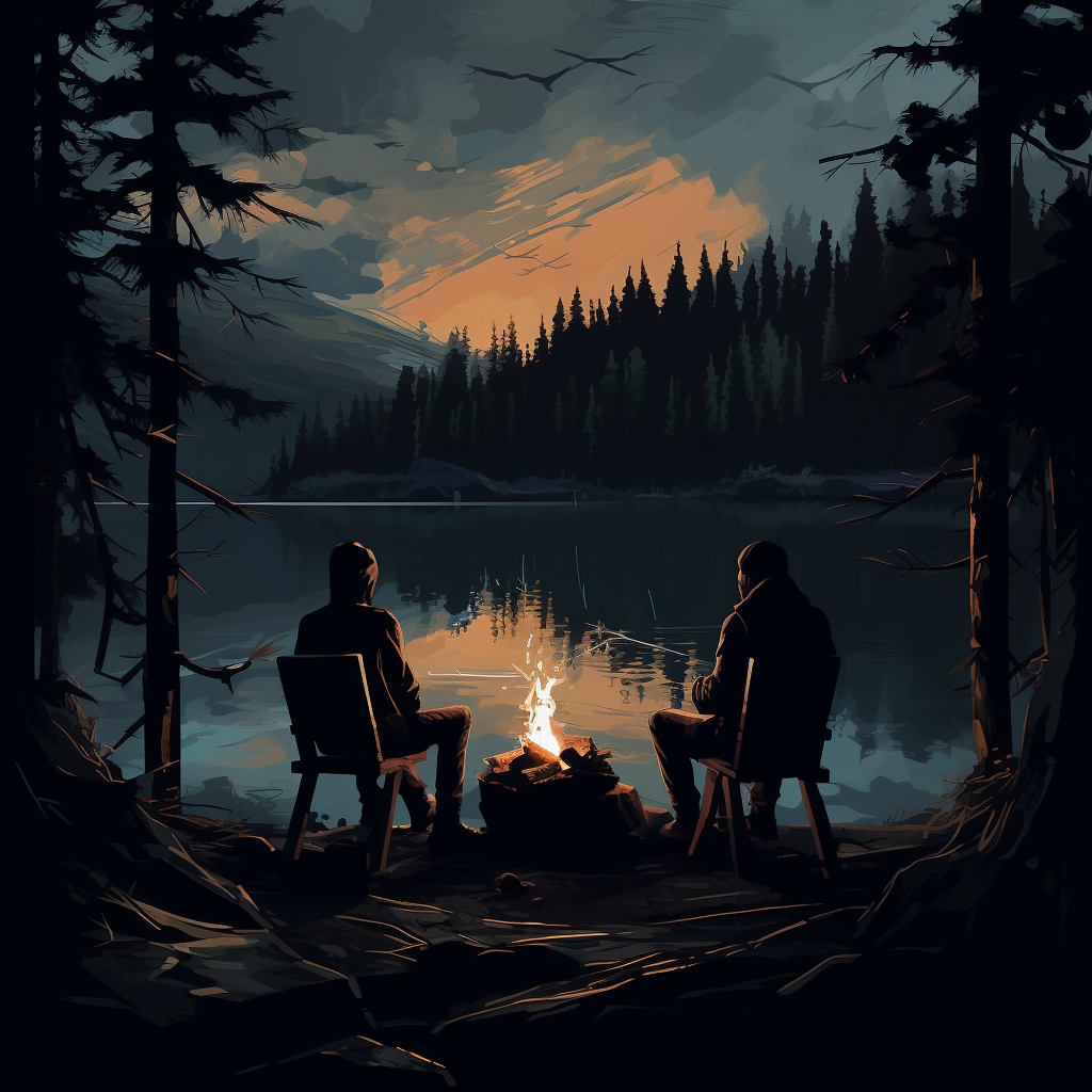 Two men by campfire near lake