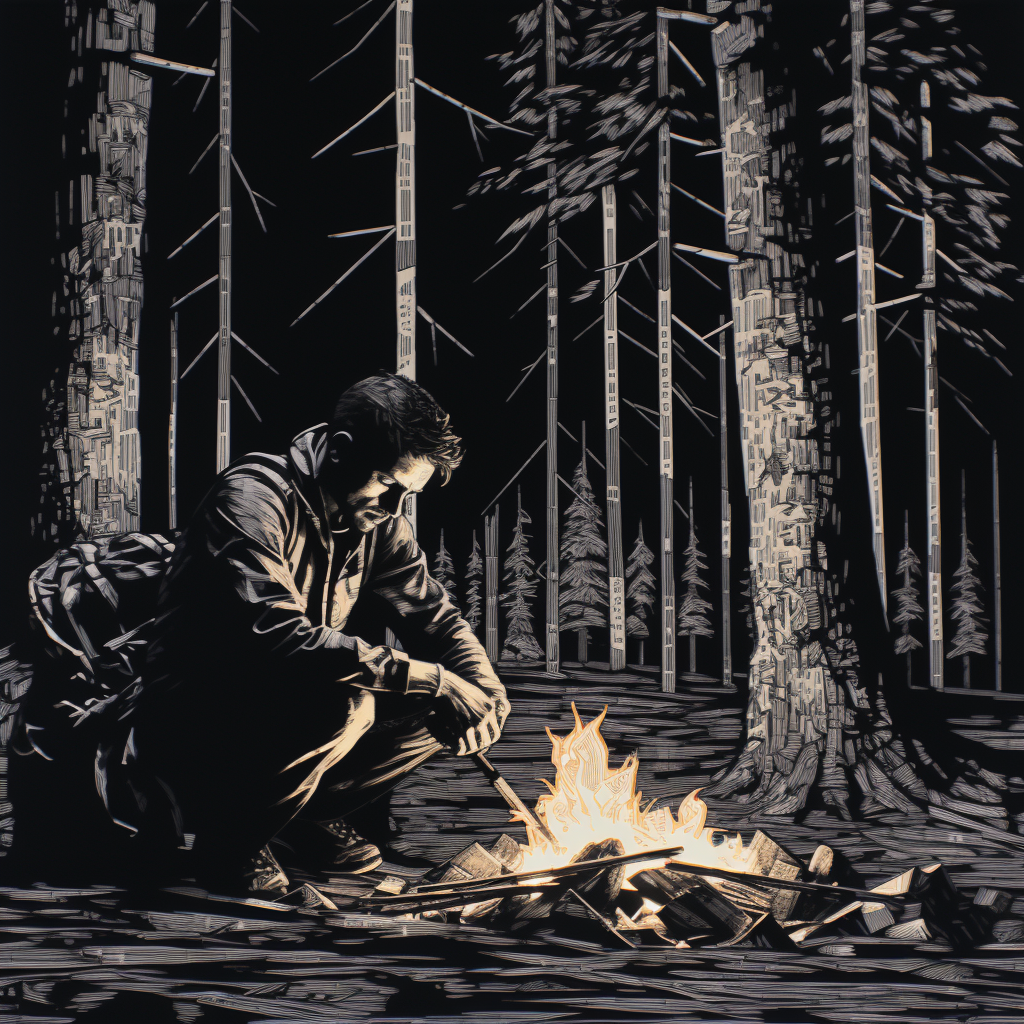 Black and white drawing of a man sitting at a campfire