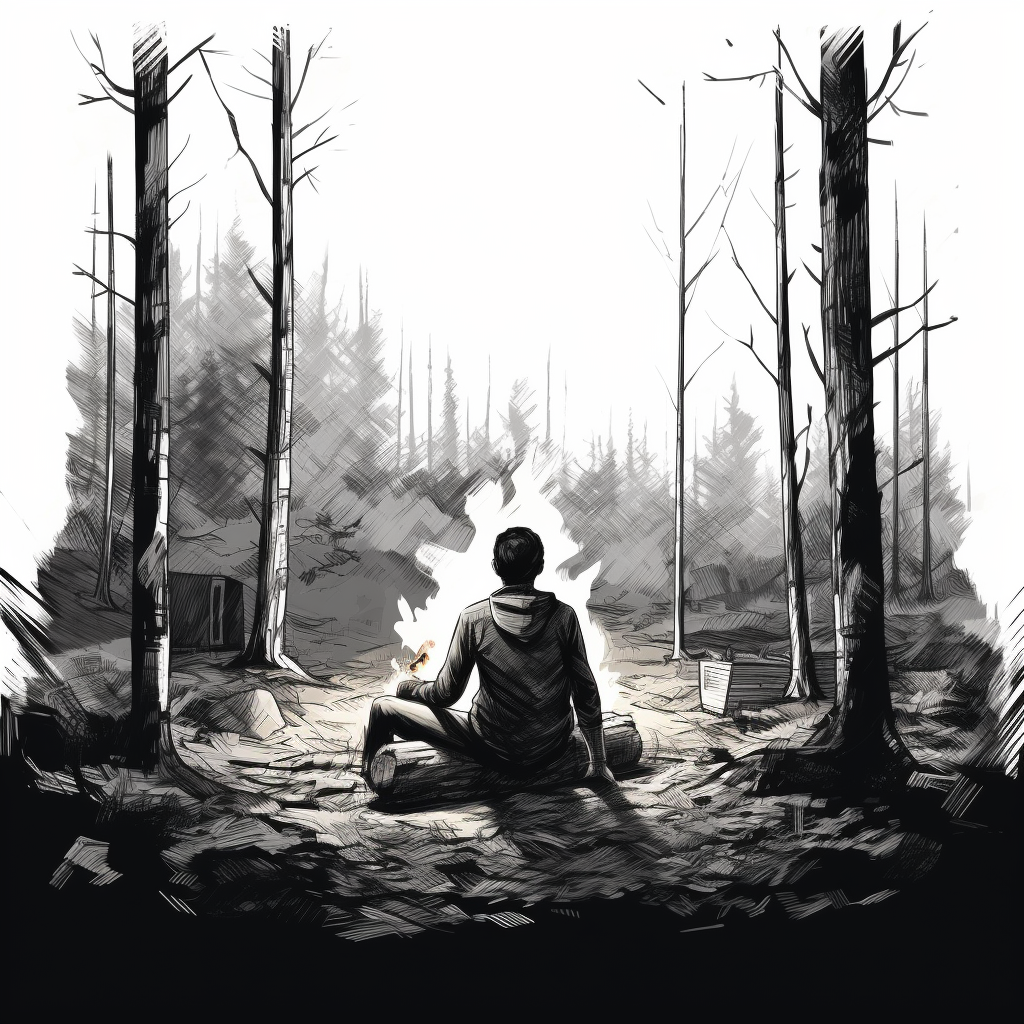 Man sitting at campfire with firewood