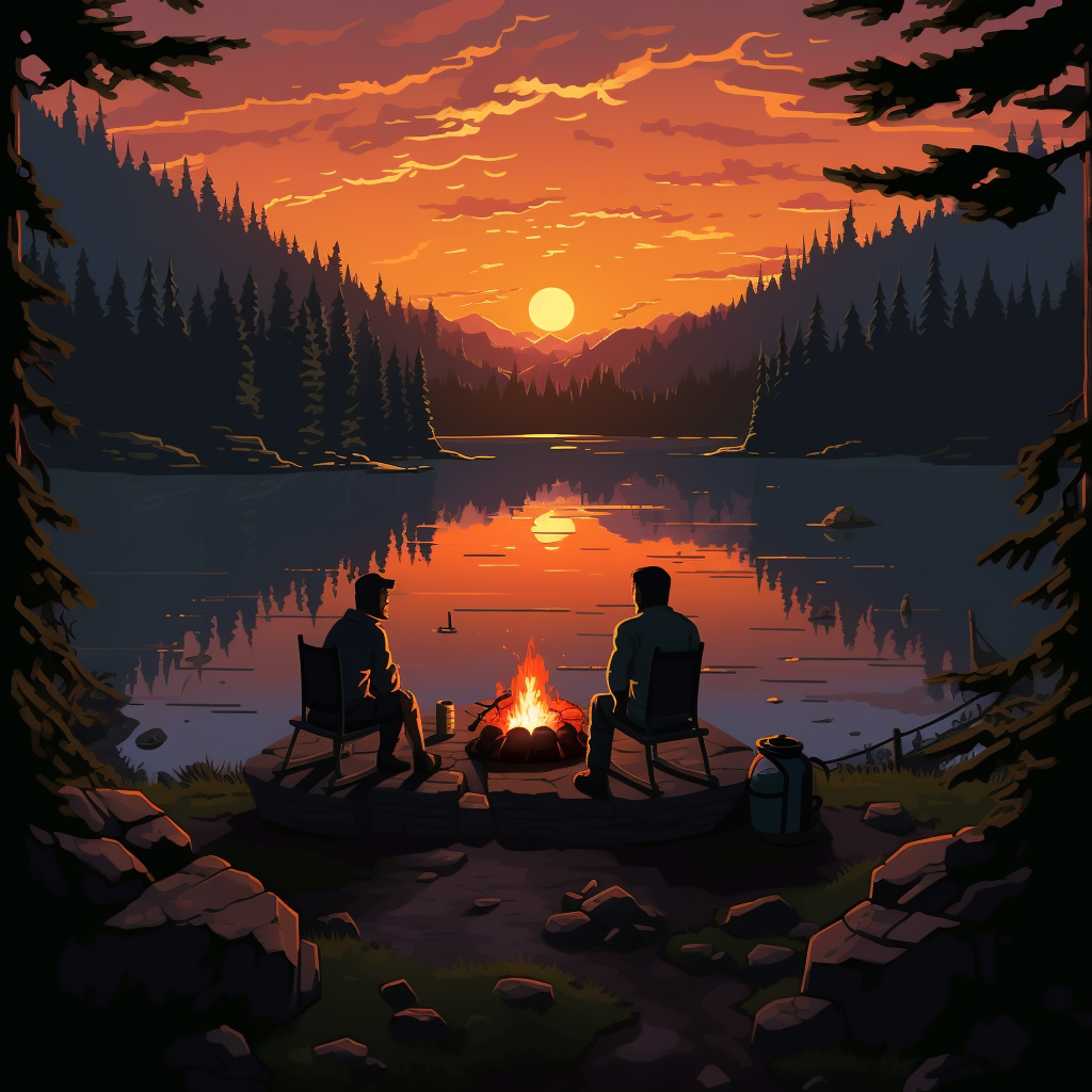 Two men enjoying campfire with guksis