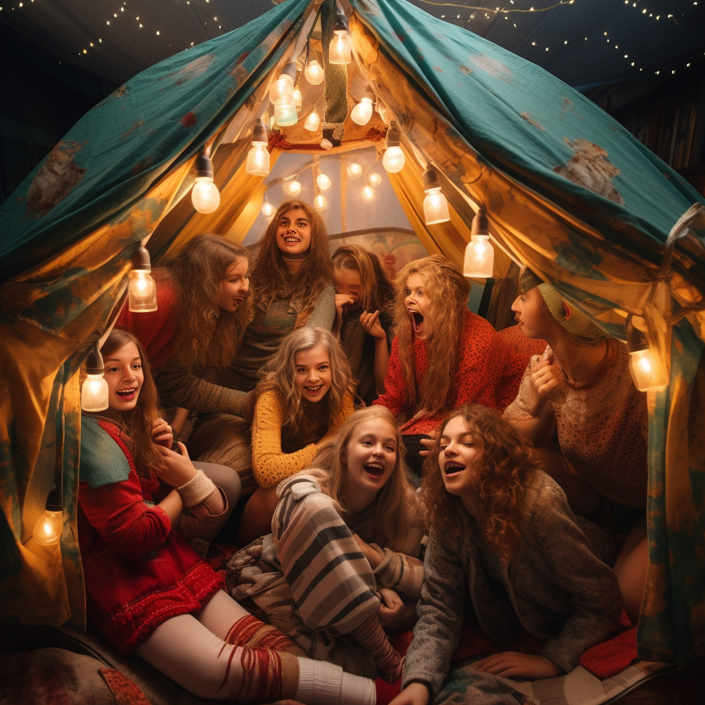 Girls enjoying camping inside a tent