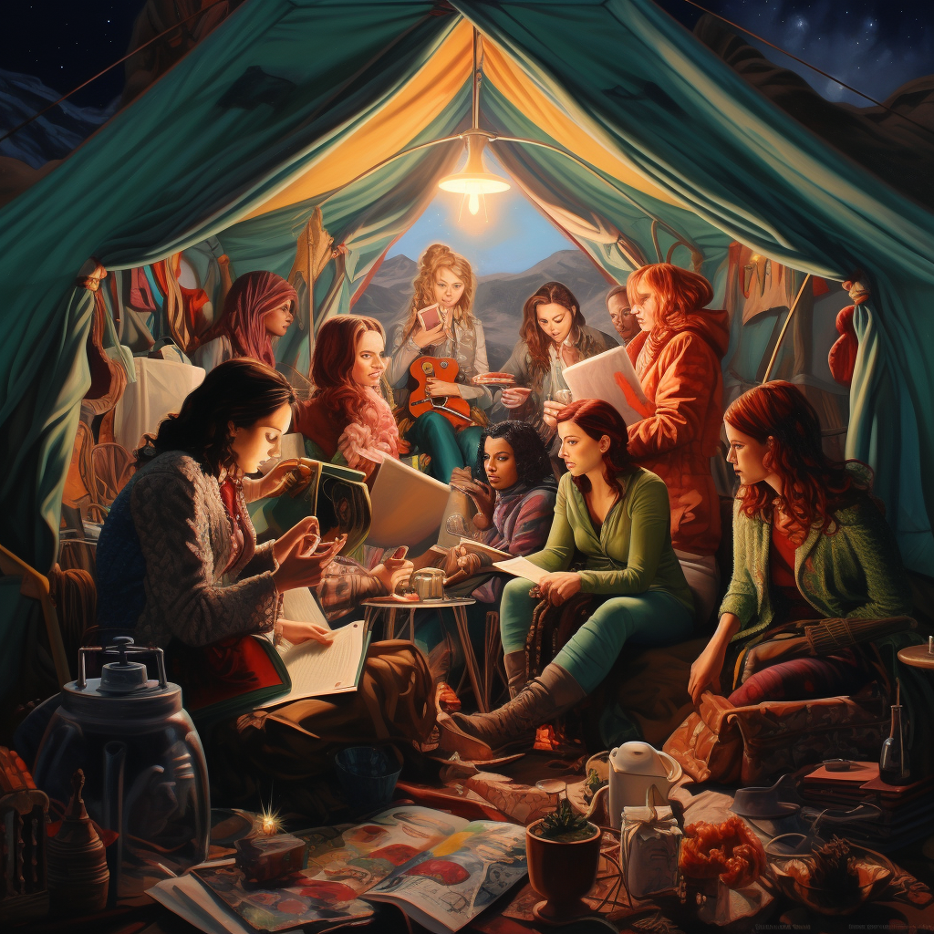 Group of ladies camping happily