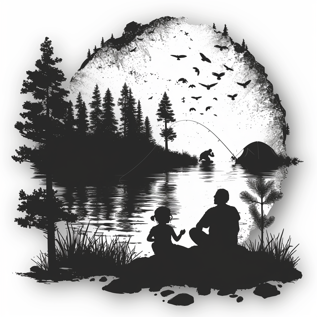 Camping Family Silhouette Sticker on White Background