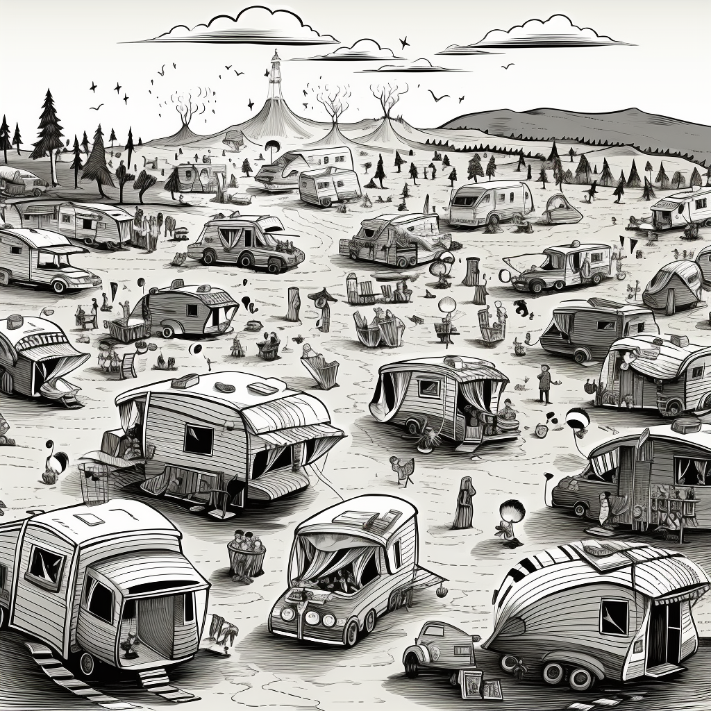 Black and White Cartoon Camping Scene