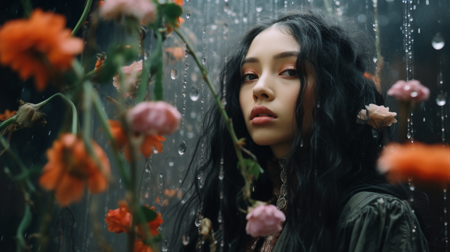 Portrait of Beautiful Girl in Rain