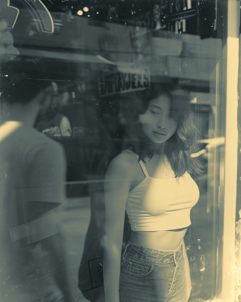 Candid photo of Asian girl in denim skirt under awning