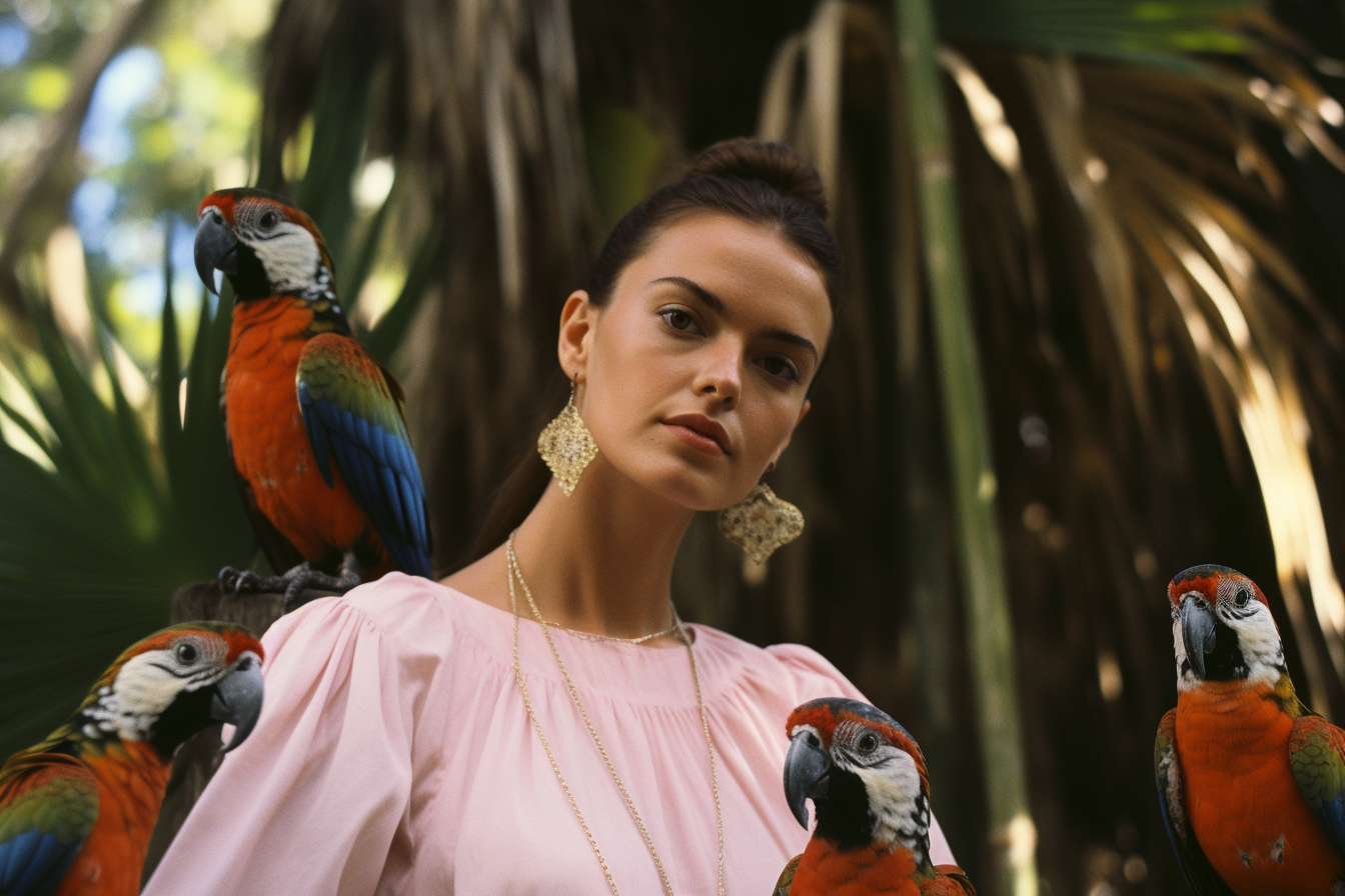 Young woman posing with oversized parrots in the jungle