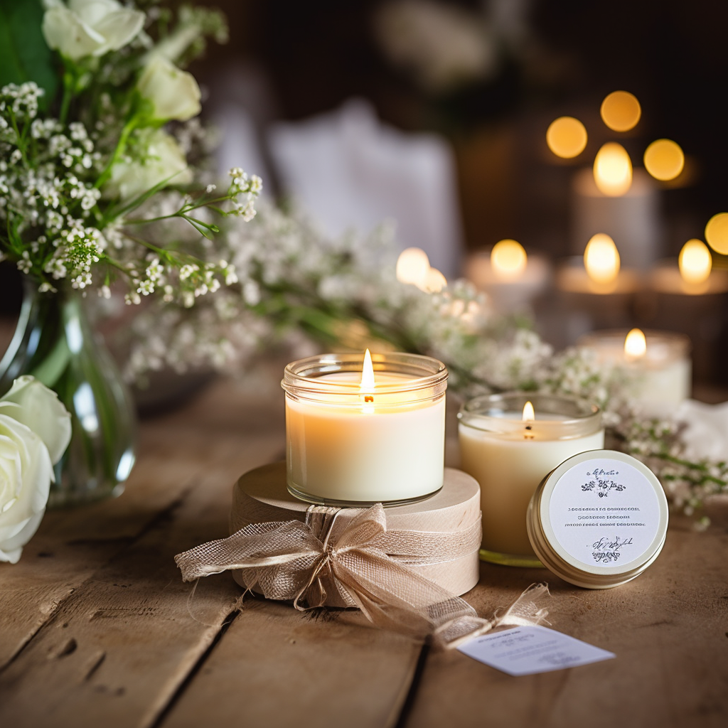 Candle Bonbonniere with Sticker Seal on Rustic Table