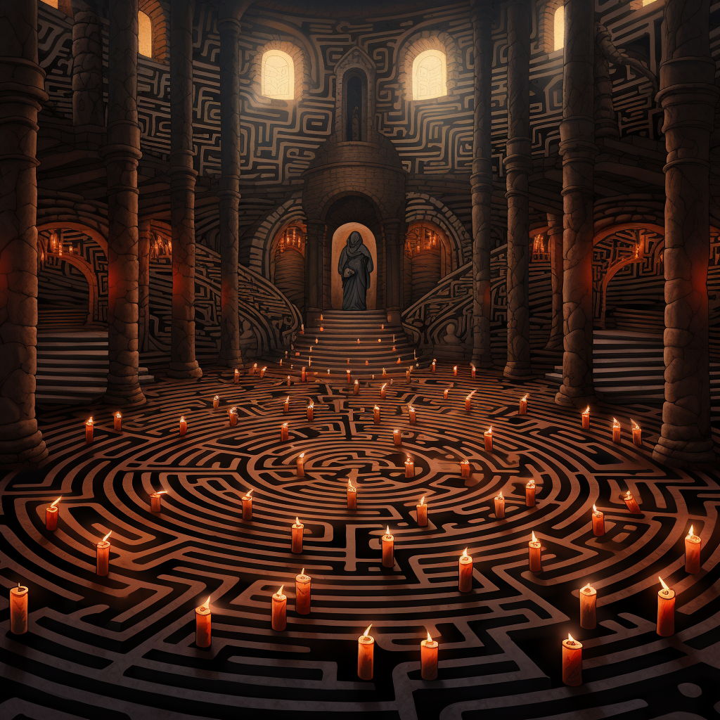 Captivating candle-lit indoor labyrinth church