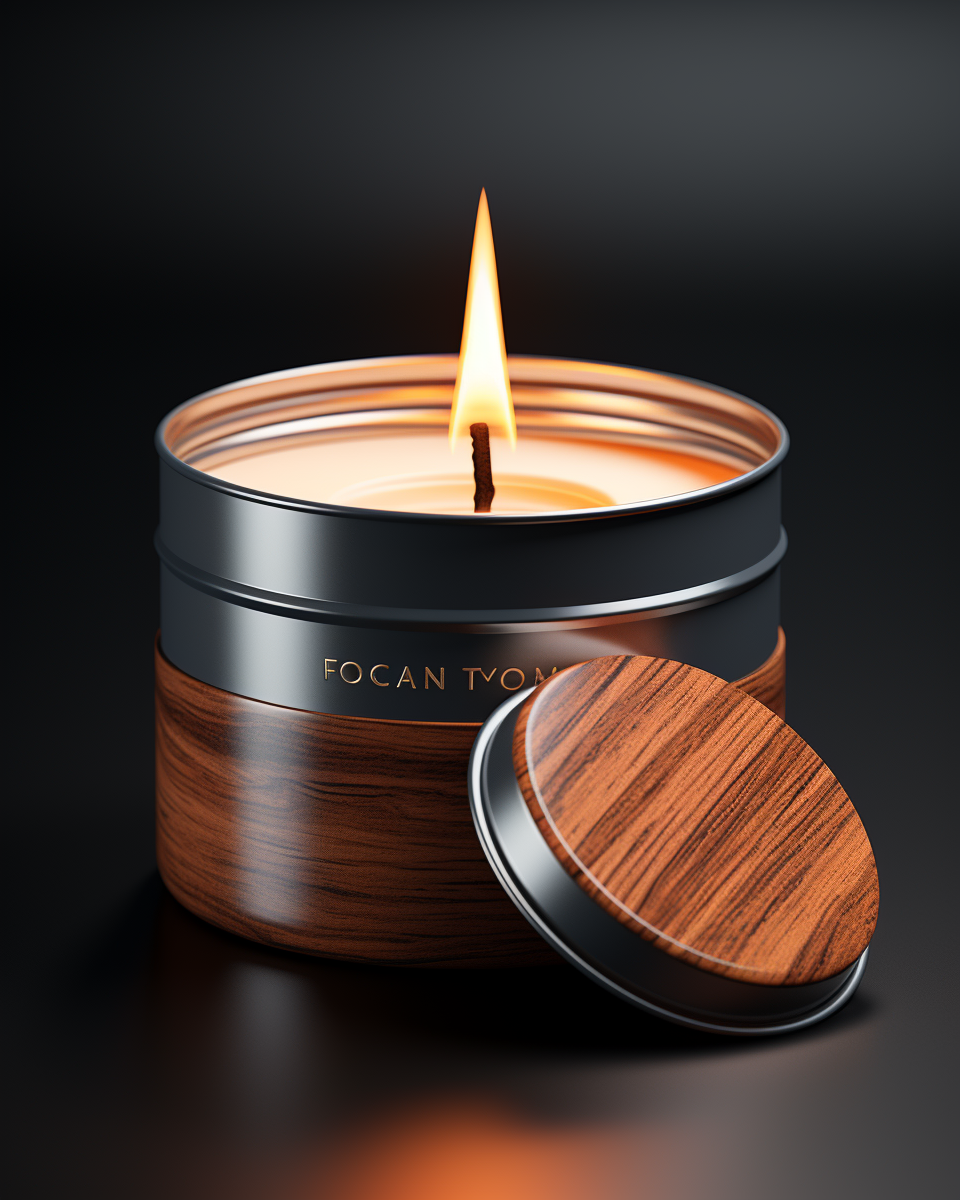 Closeup of a candle with wood wick in metal tin