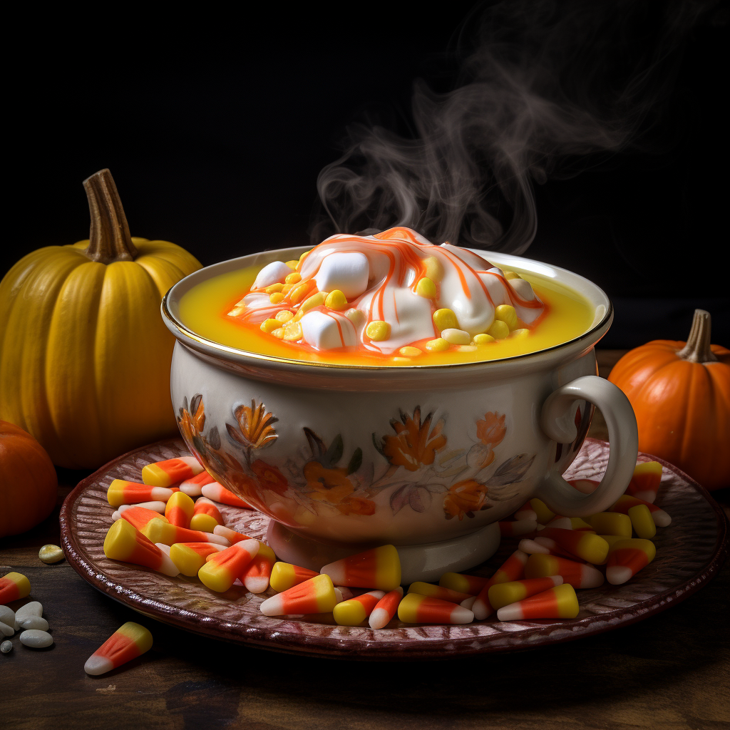 A steaming bowl of candy corn soup