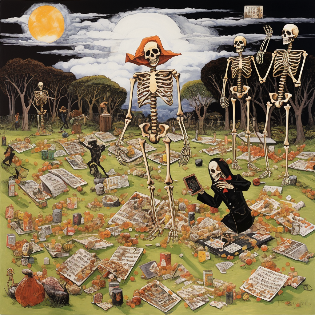 Candy wrapper collage of spooky graveyard with dancing mummies