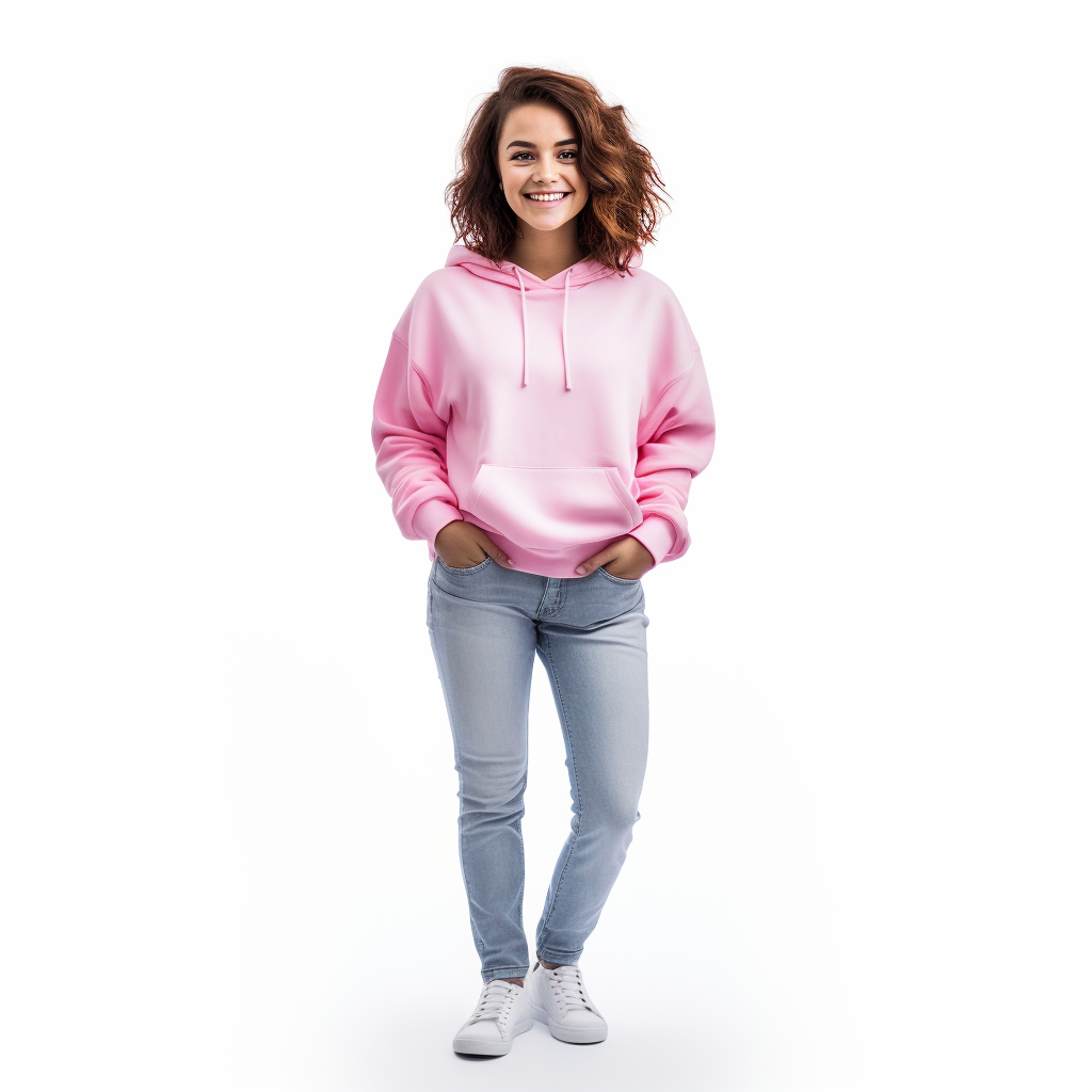 Smiling woman in Candyfloss Pink sweatshirt hoodie