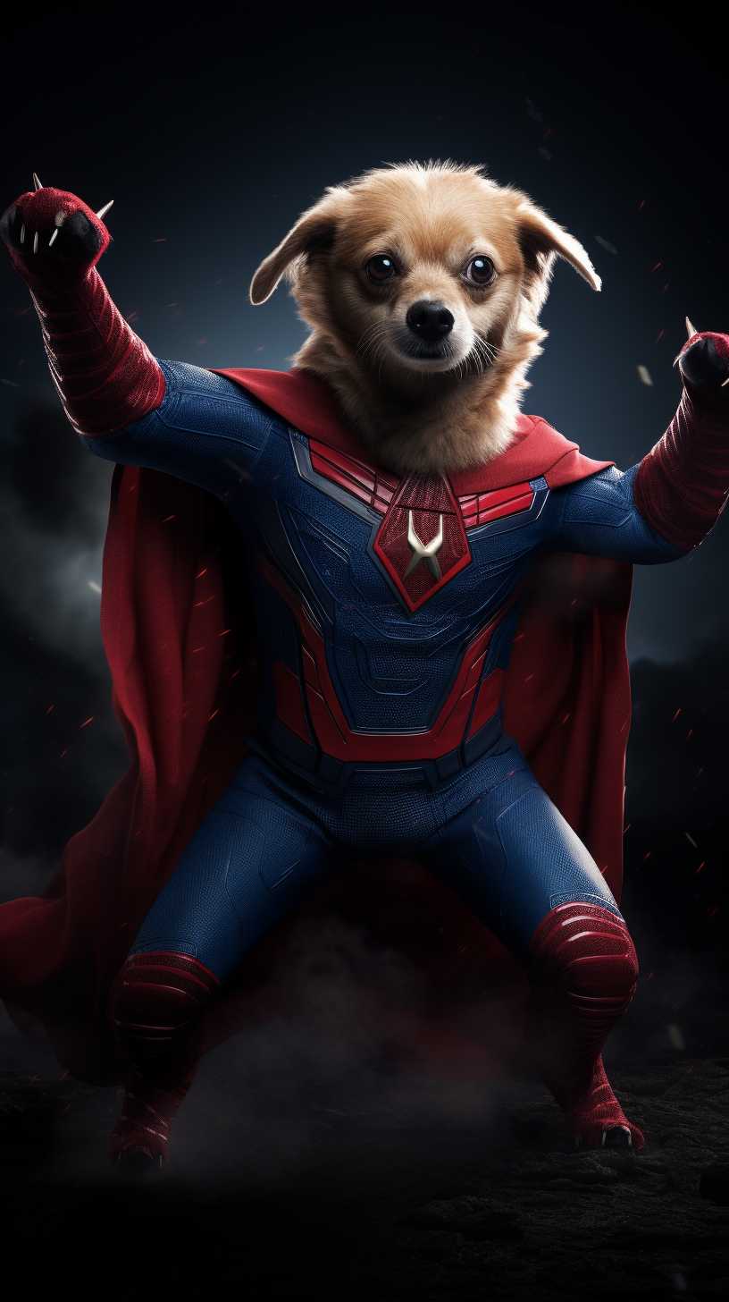 Agile Canine Superhero in Red and Blue Suit