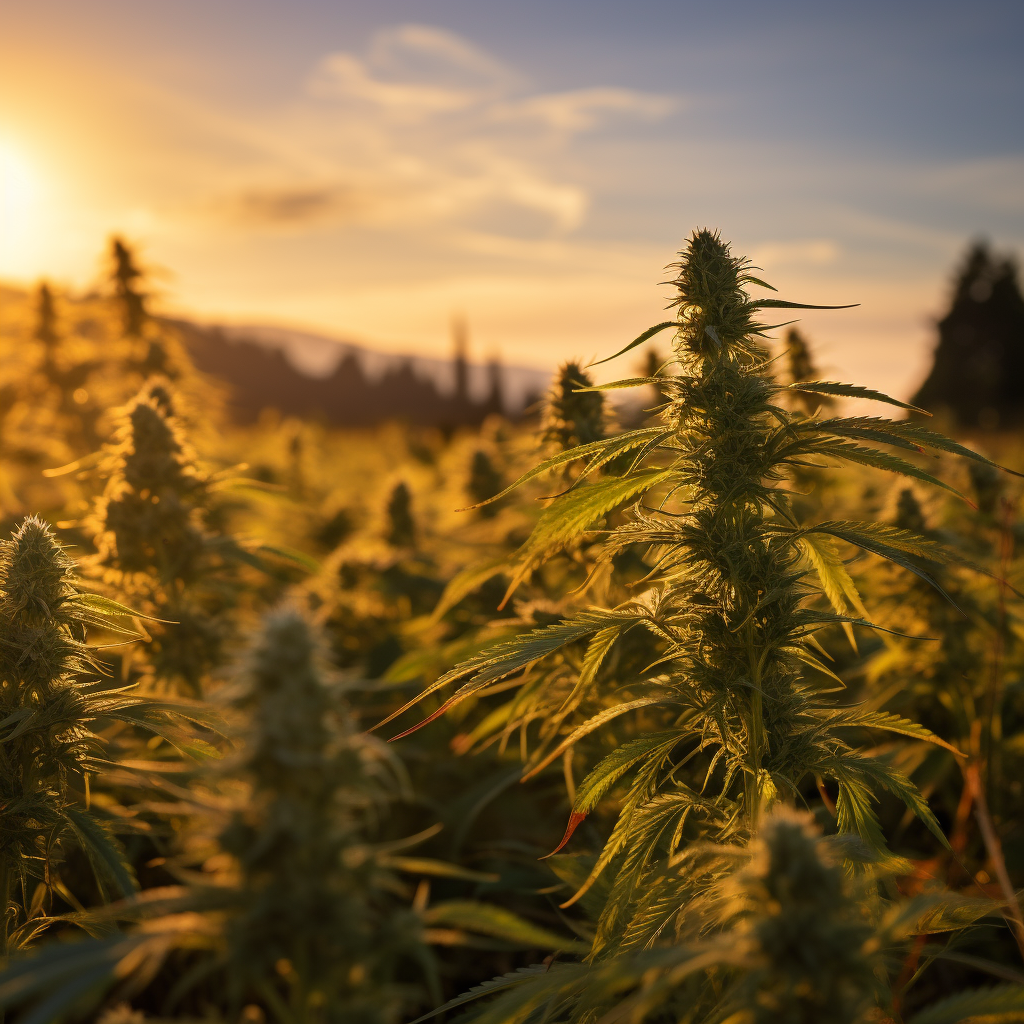 Beautiful cannabis field with golden backdrop