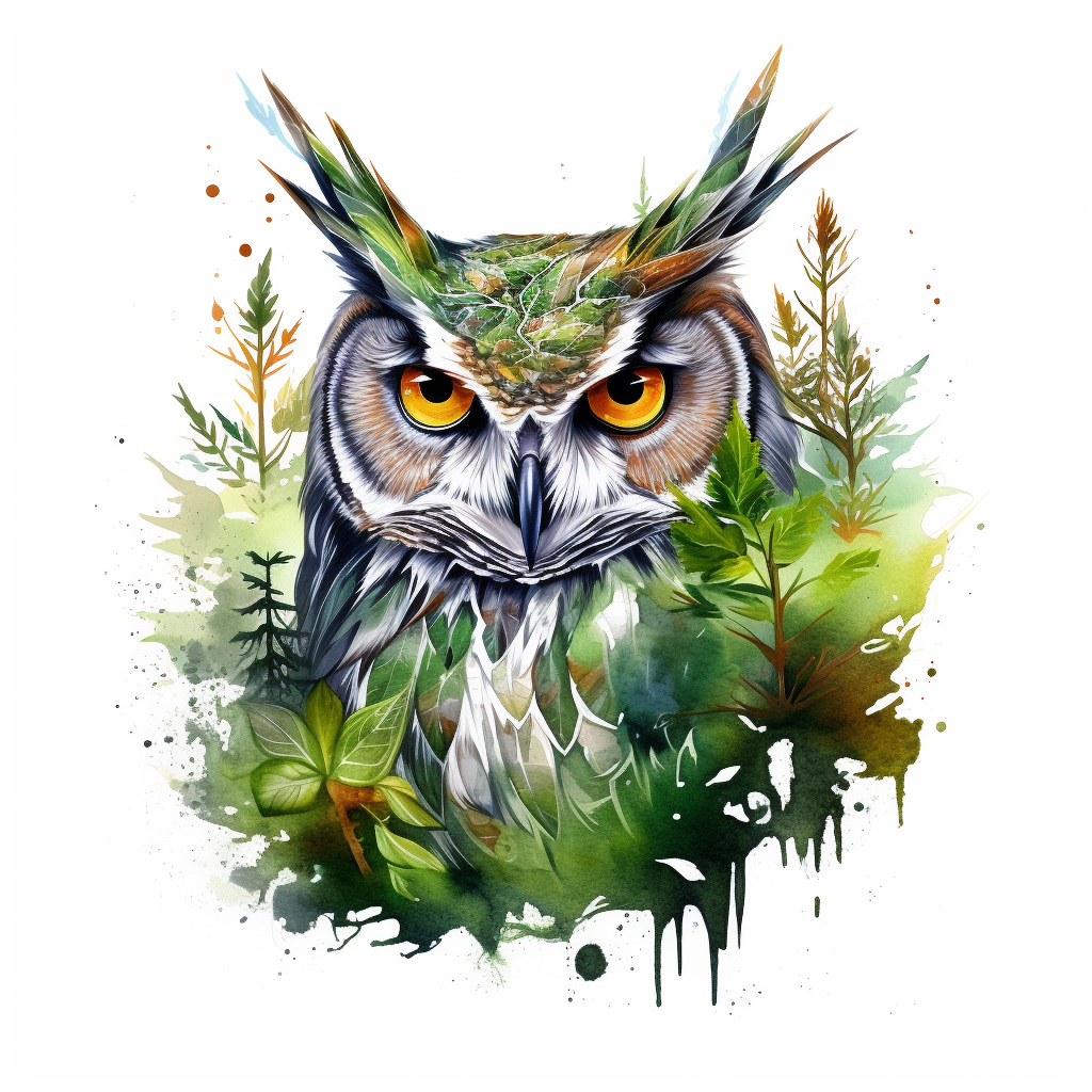 Cannabis-themed owl drawing in watercolor style