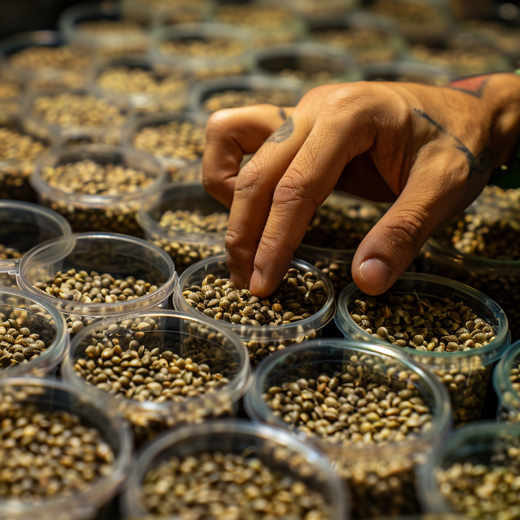 Young hand sorting cannabis seeds