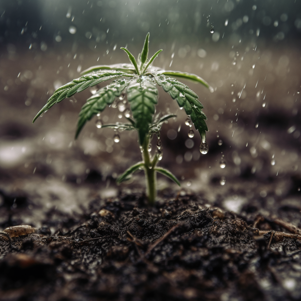 Cannabis sprout bending raindrops symbol