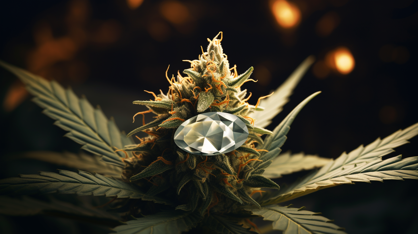 Photorealistic cannabis bud with diamonds and gold