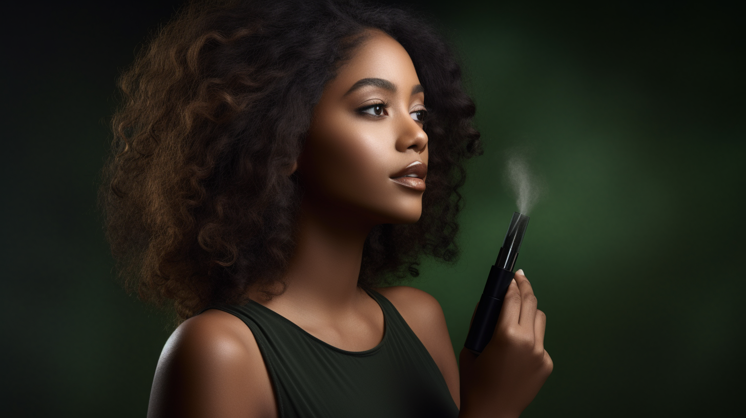 Beautiful girl holding cannabis vaporizer