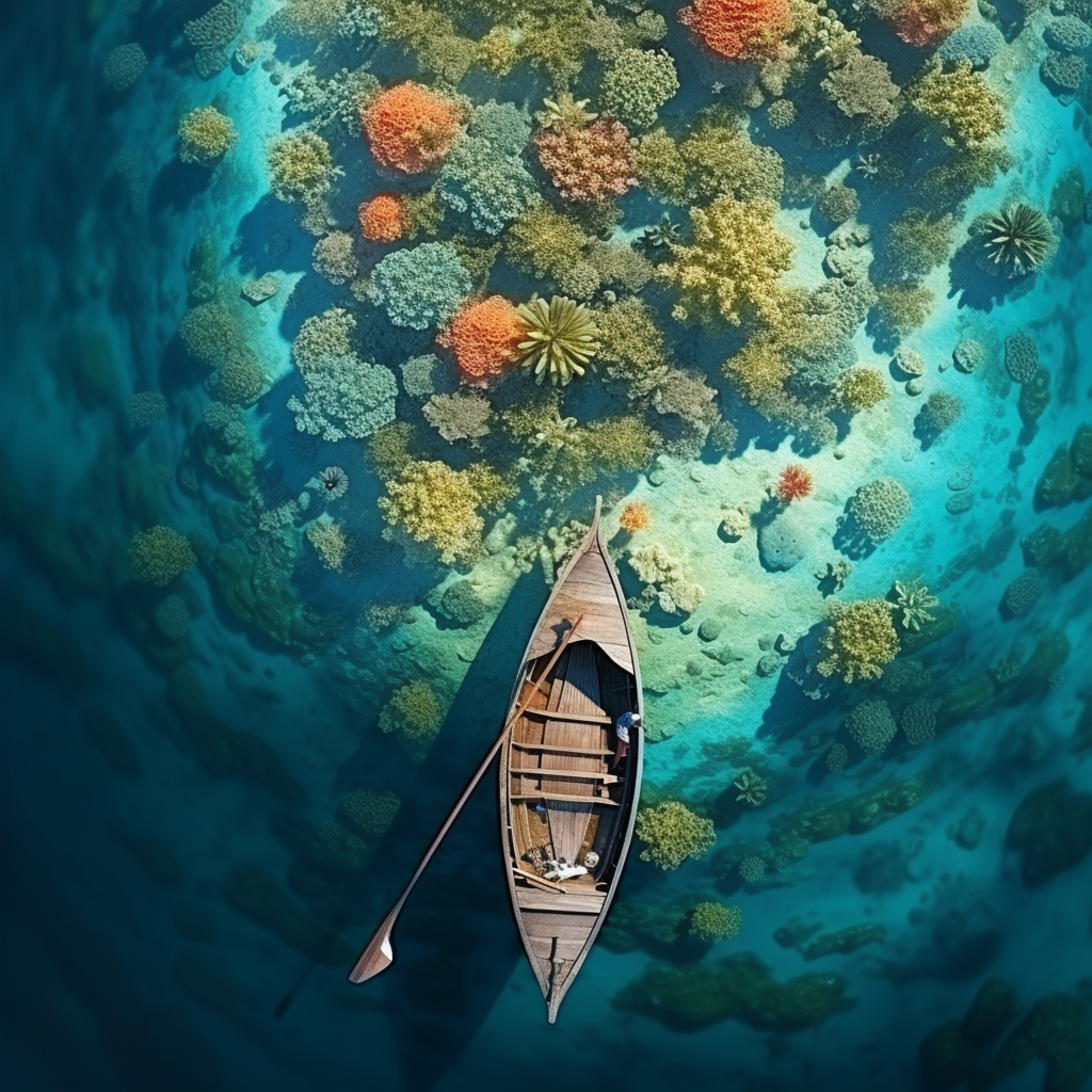 Scenic view of a canoe on a lagoon with coral reef