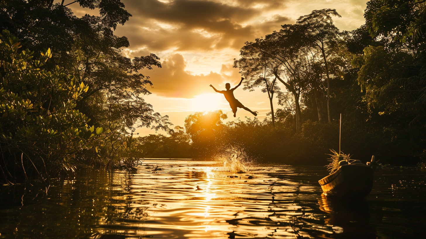 Tourist jumping into the lagoon for a swim