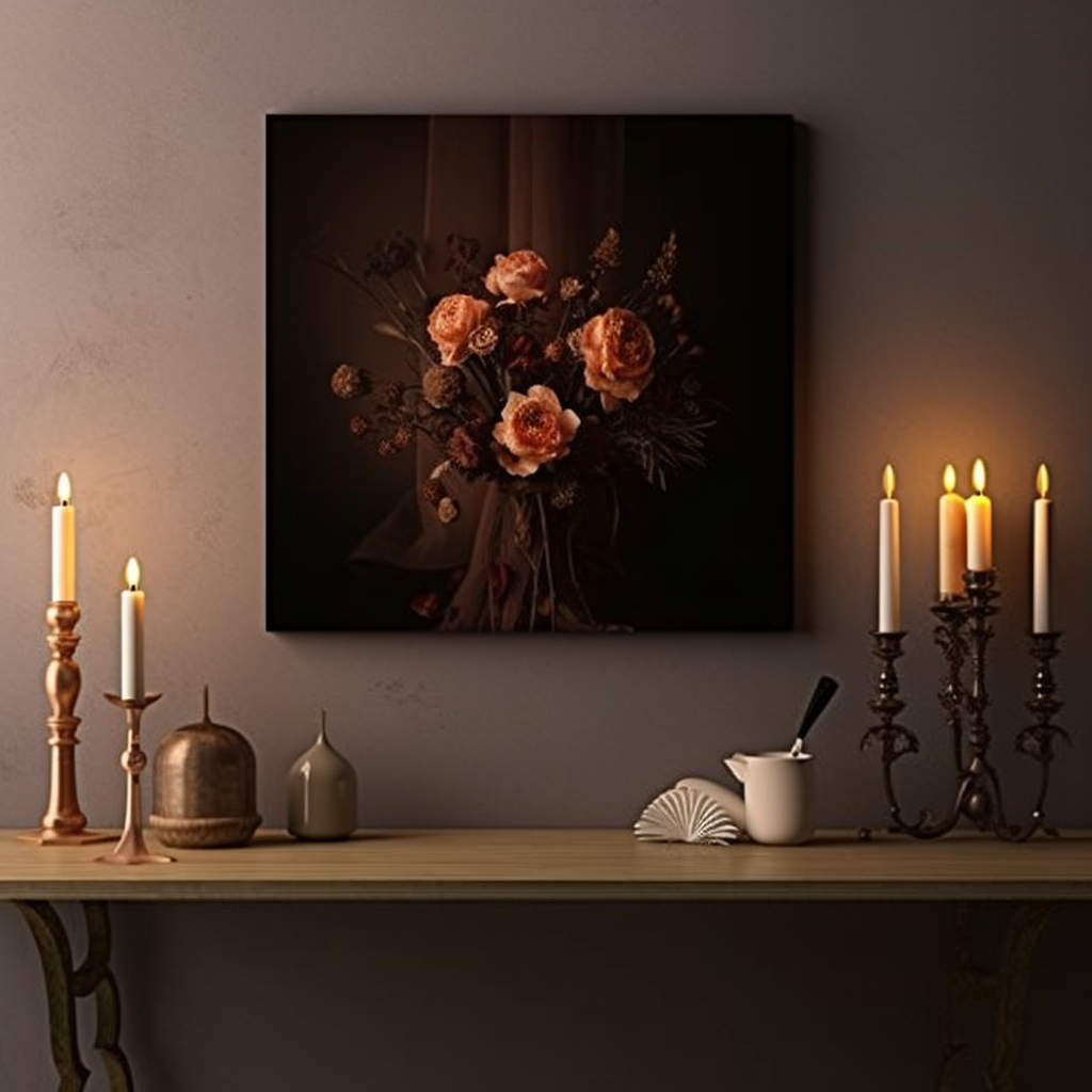 Canvas dresser with candles and flowers