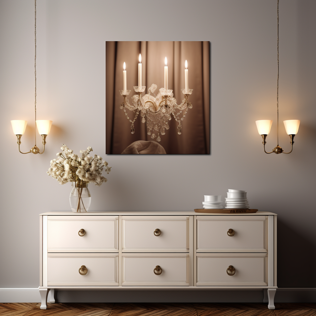 Canvas art above dresser with candles and flowers