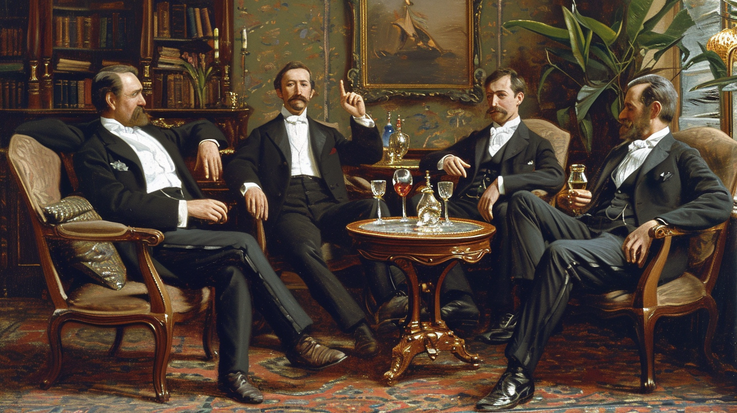 5 capitalists sitting on chairs in 19-century advertising poster style