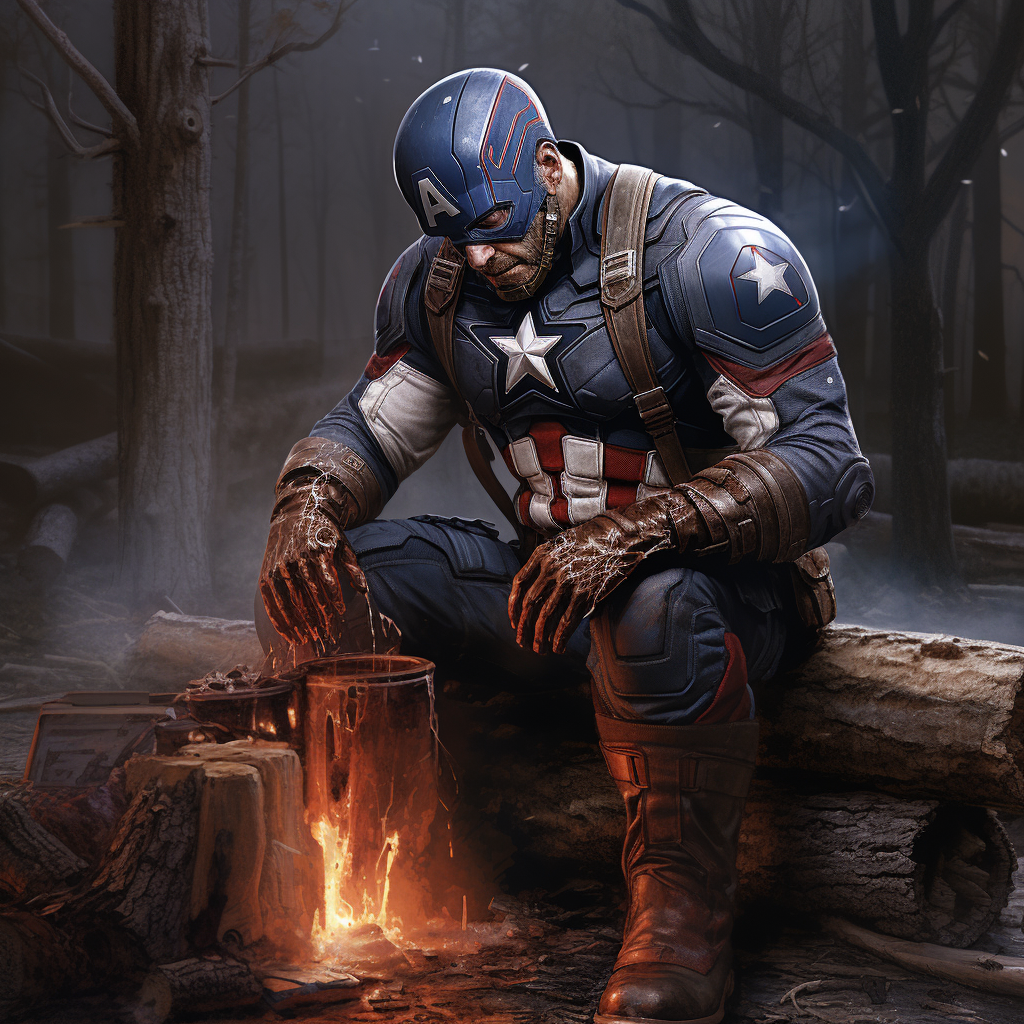 Captain America chopping fire wood with Groot