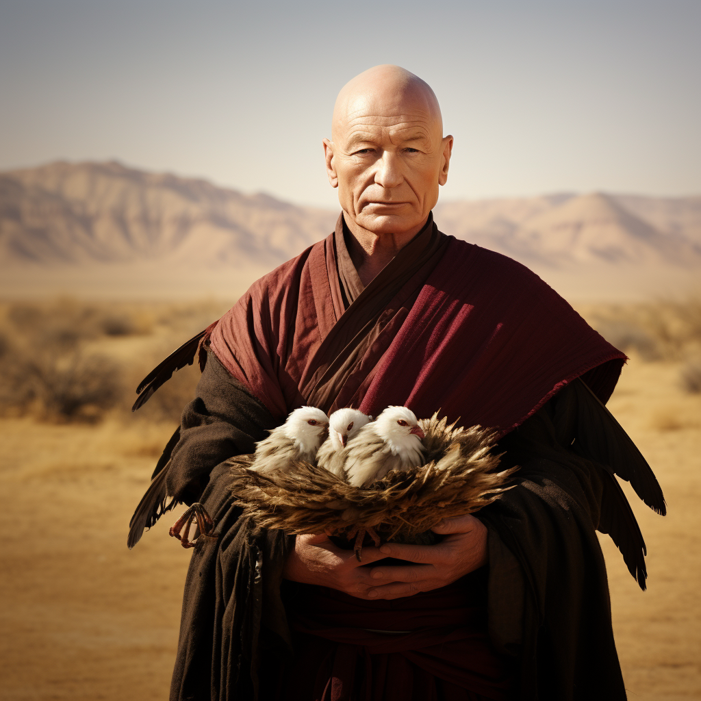 Captain Picard holding three turkey feathers