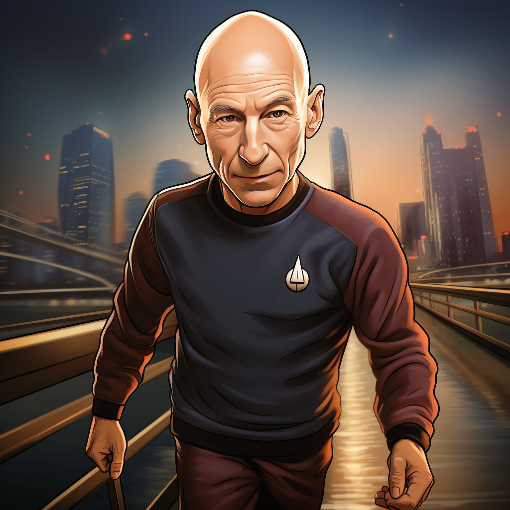 Captain Jean-Luc Picard on Enterprise Bridge, wearing a sweatshirt