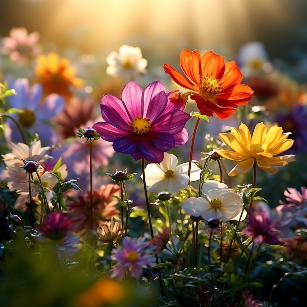 Colorful flowers and shining sun in captivating nature