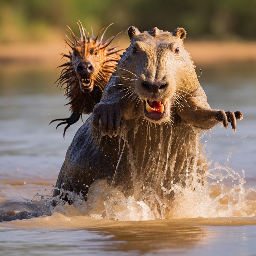 Capybara Attacking Nile Crocodile Jumping Head