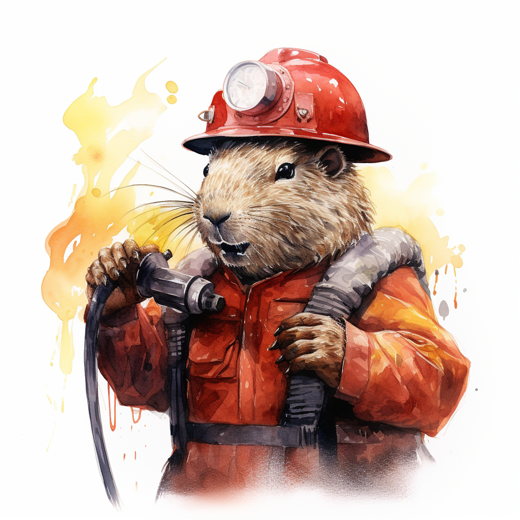 Capybara firefighter holding hose extinguishing fire