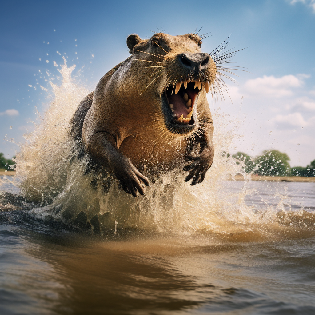 Capybara jumping on Nile crocodile head