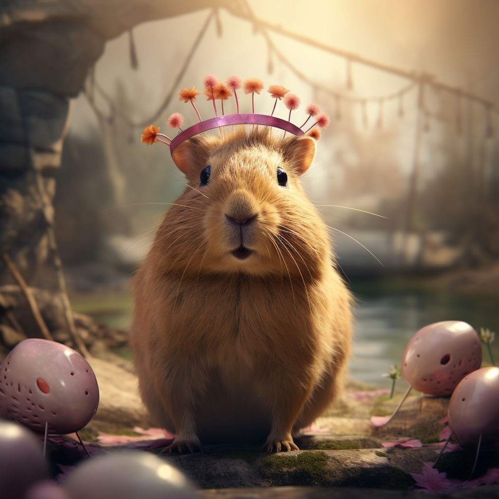 Capybara with Bunny Hairband in Easter Background