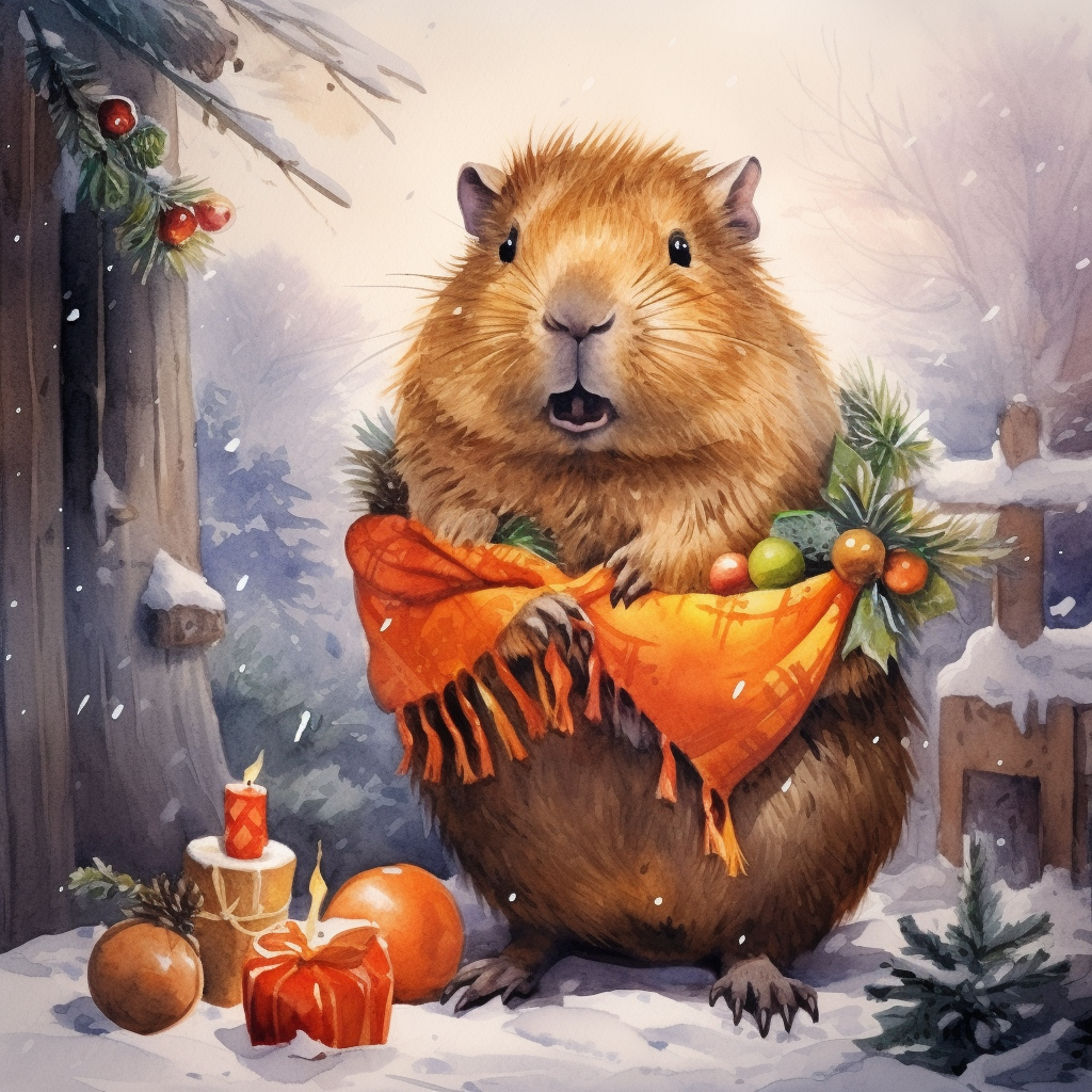 Capybara in winter with tangerines