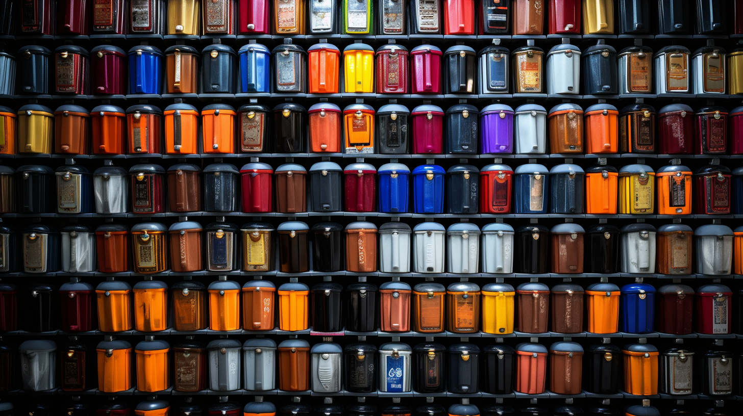 A wall of car batteries with varying wattage