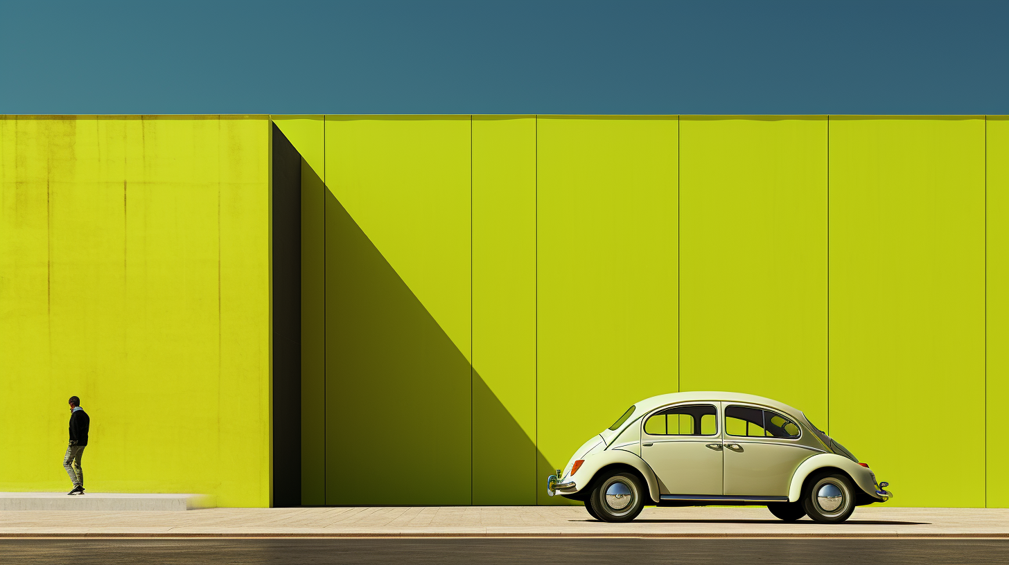 Car driving on lime green architecture of Lisbon