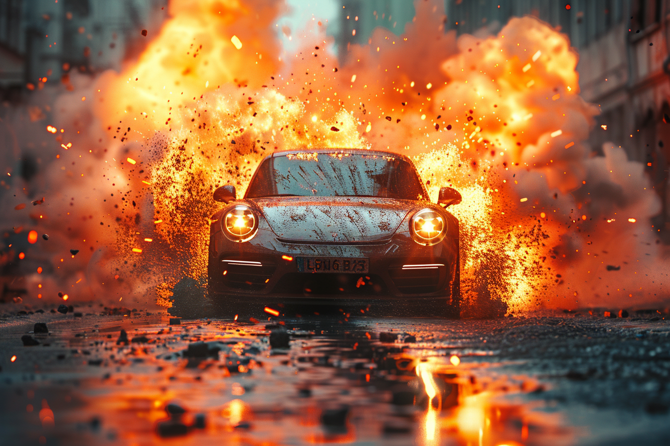 Car exploding in golden hour