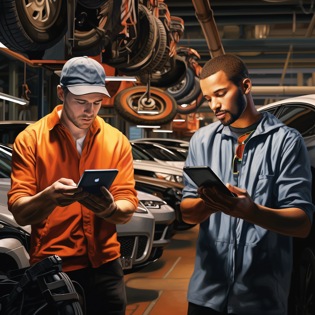 Car mechanics using mobile device for communication