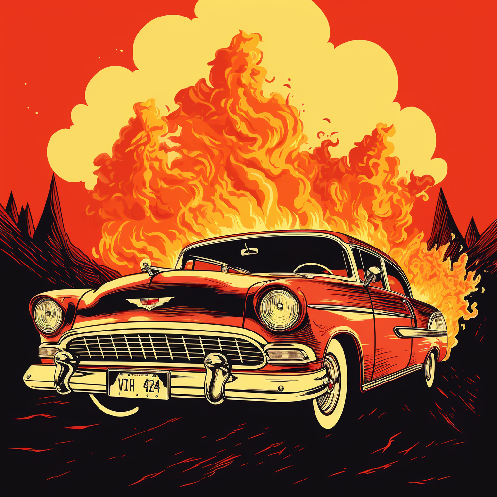 Illustration of Vintage Car on Fire