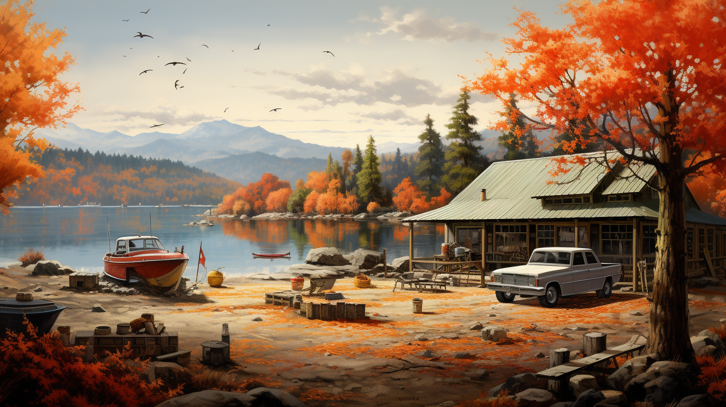 Serene car repair scene with autumn trees near a lake