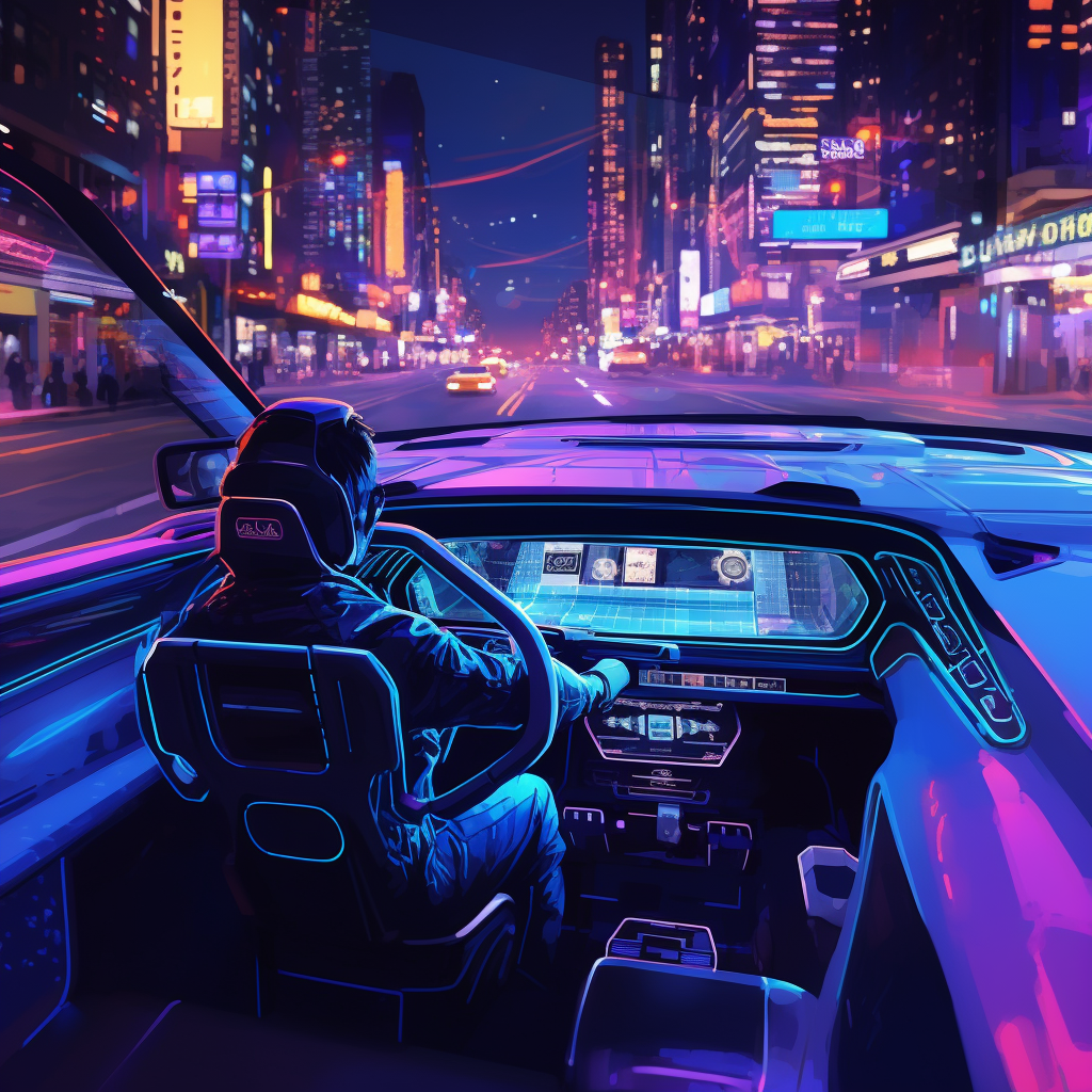 Car riding in cyberpunk city at night