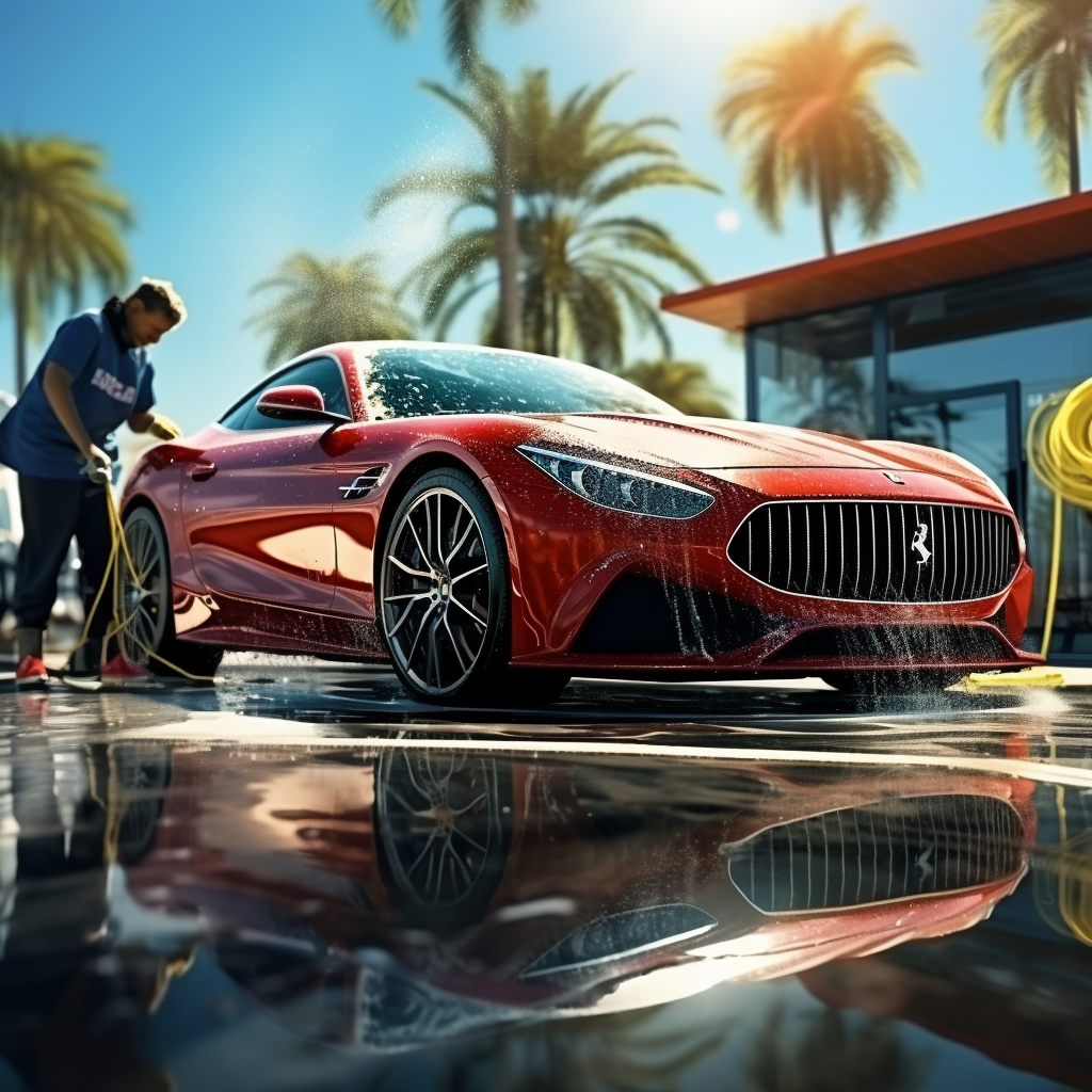 Boy washing luxury car with car washing brush