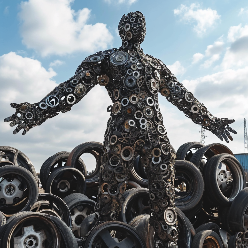 Man made of car wheels